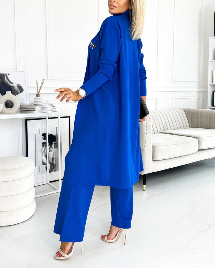 Conjunto Feminino de Cardigan de Cor Sólida com Regata e Calças de 3 Peças