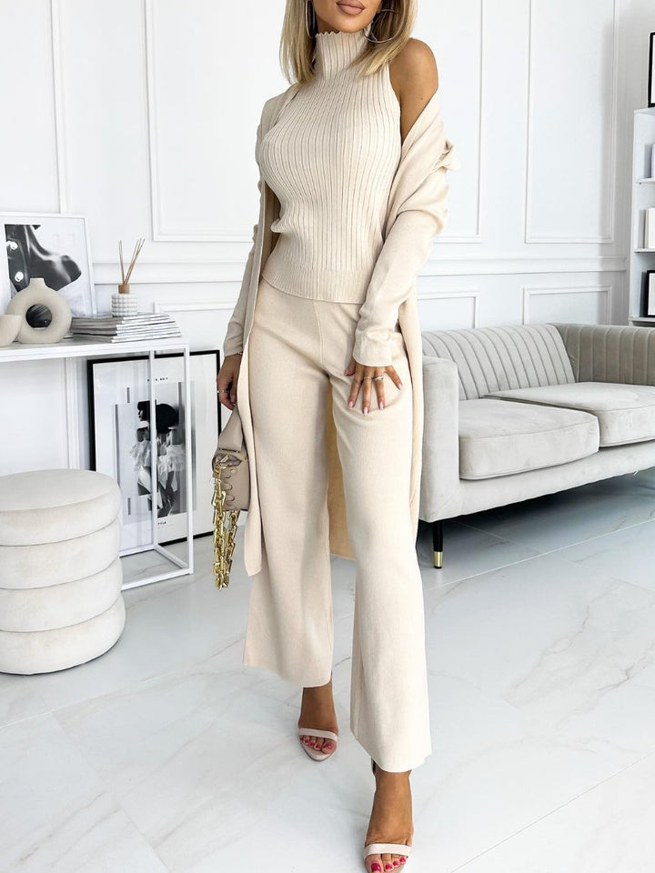 Conjunto Feminino de Cardigan de Cor Sólida com Regata e Calças de 3 Peças