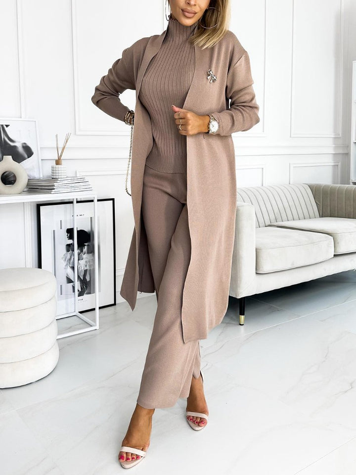 Conjunto Feminino de Cardigan de Cor Sólida com Regata e Calças de 3 Peças