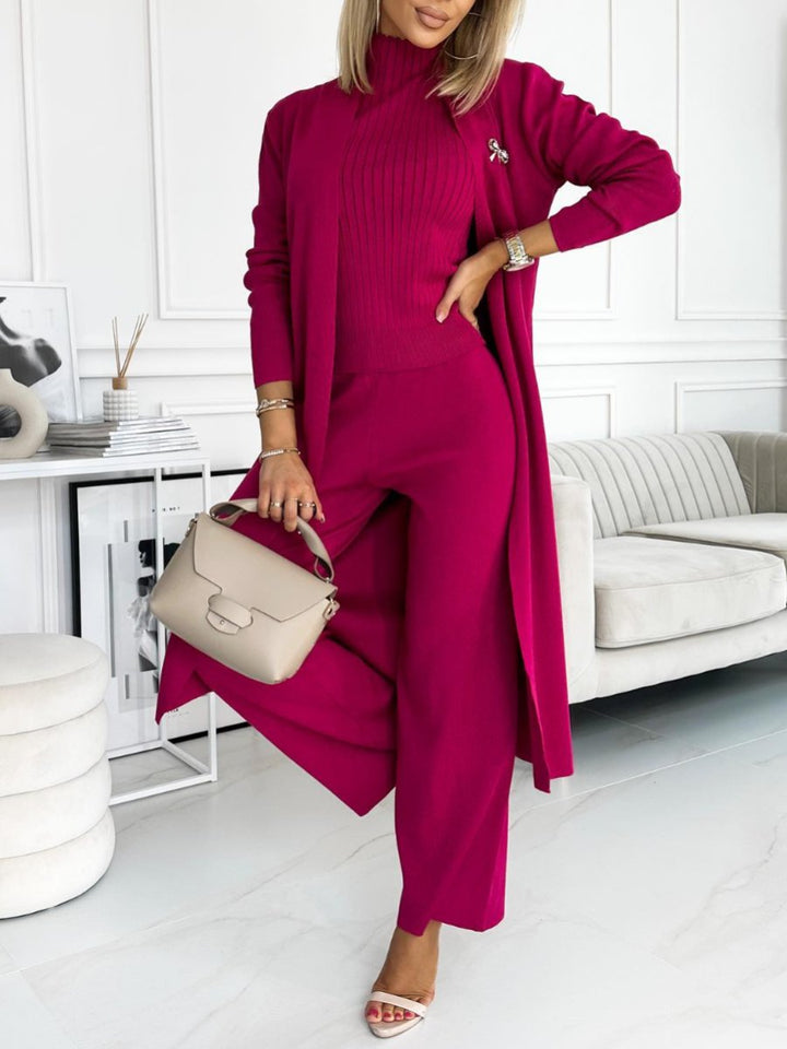Conjunto Feminino de Cardigan de Cor Sólida com Regata e Calças de 3 Peças