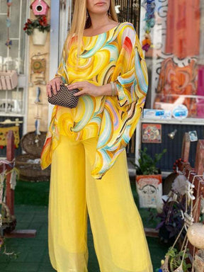 Conjunto Feminino de Chiffon Colorido com Estampa de Verão, Gola Redonda e Duas Peças