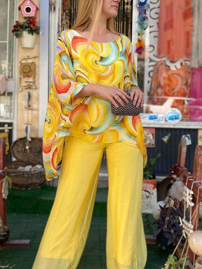 Conjunto Feminino de Chiffon Colorido com Estampa de Verão, Gola Redonda e Duas Peças