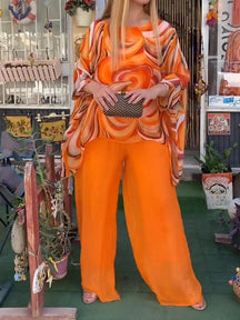 Conjunto Feminino de Chiffon Colorido com Estampa de Verão, Gola Redonda e Duas Peças