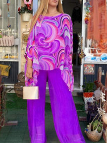 Conjunto Feminino de Chiffon Colorido com Estampa de Verão, Gola Redonda e Duas Peças