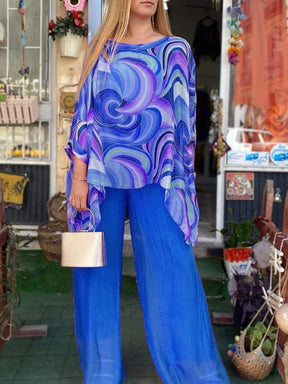 Conjunto Feminino de Chiffon Colorido com Estampa de Verão, Gola Redonda e Duas Peças