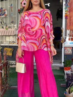 Conjunto Feminino de Chiffon Colorido com Estampa de Verão, Gola Redonda e Duas Peças