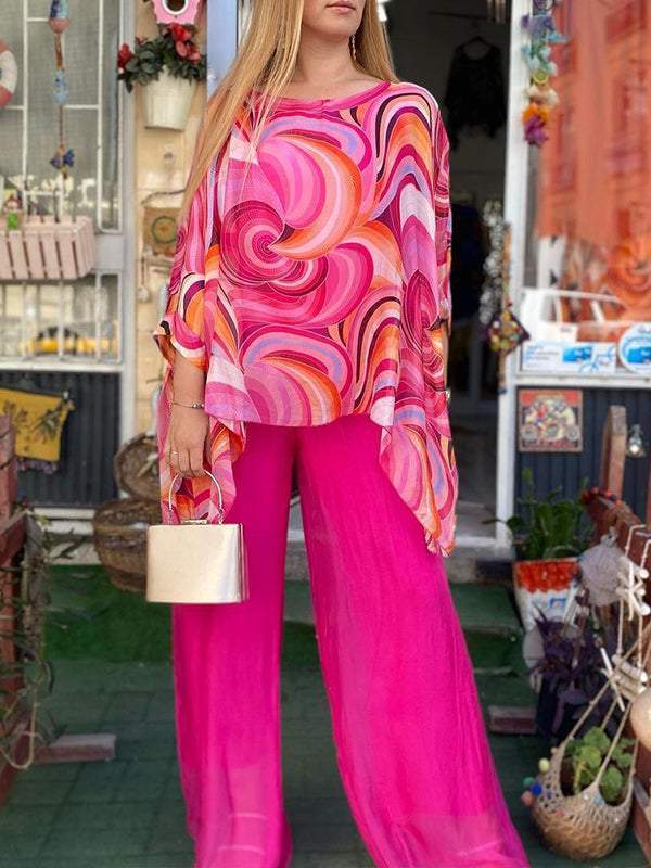 Conjunto Feminino de Chiffon Colorido com Estampa de Verão, Gola Redonda e Duas Peças - 4