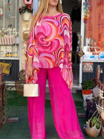 Conjunto Feminino de Chiffon Colorido com Estampa de Verão, Gola Redonda e Duas Peças