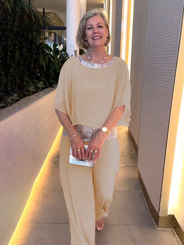 Conjunto Feminino de Chiffon com Lantejoulas e Patchwork