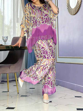 Conjunto Feminino de Chiffon Estampado com Gola Redonda