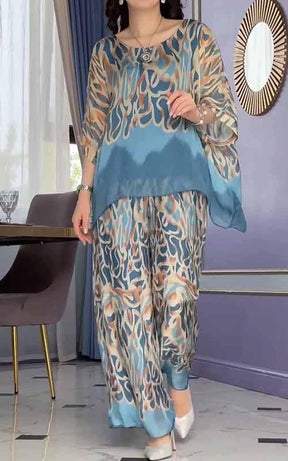 Conjunto Feminino de Chiffon Estampado com Gola Redonda