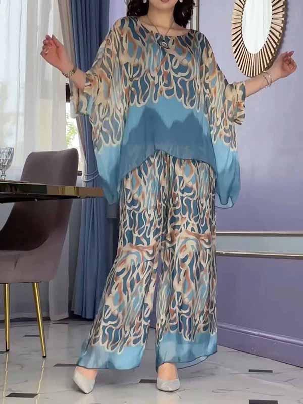 Conjunto Feminino de Chiffon Estampado com Gola Redonda