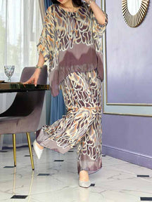 Conjunto Feminino de Chiffon Estampado com Gola Redonda