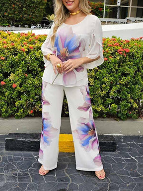 Conjunto Feminino de Chiffon Estampado com Gola Redonda de Duas Peças