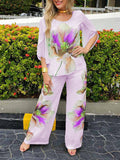 Conjunto Feminino de Chiffon Estampado com Gola Redonda de Duas Peças