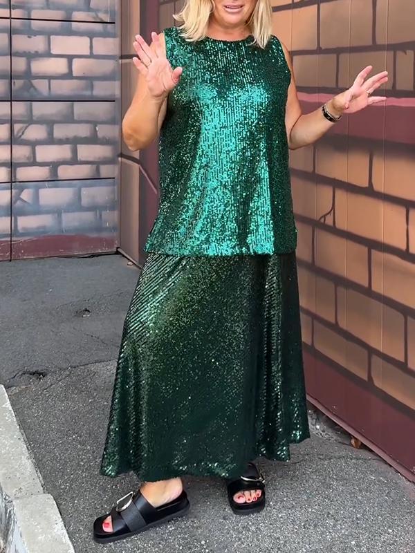 Conjunto Feminino de Festa com Lantejoulas sem Mangas e Gola Redonda de Duas Peças