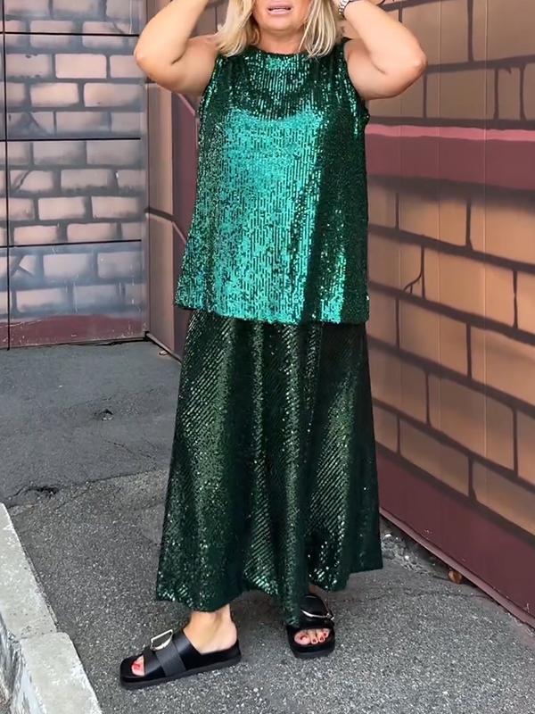 Conjunto Feminino de Festa com Lantejoulas sem Mangas e Gola Redonda de Duas Peças