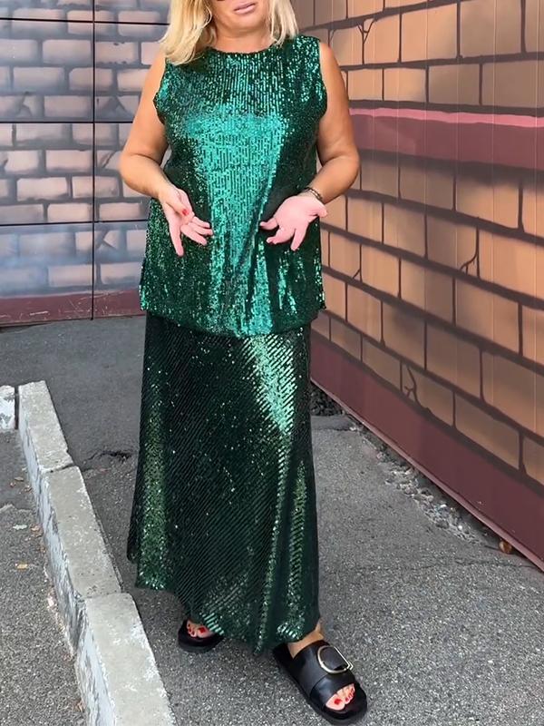 Conjunto Feminino de Festa com Lantejoulas sem Mangas e Gola Redonda de Duas Peças