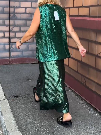 Conjunto Feminino de Festa com Lantejoulas sem Mangas e Gola Redonda de Duas Peças - 4