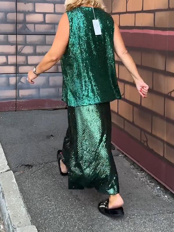 Conjunto Feminino de Festa com Lantejoulas sem Mangas e Gola Redonda de Duas Peças