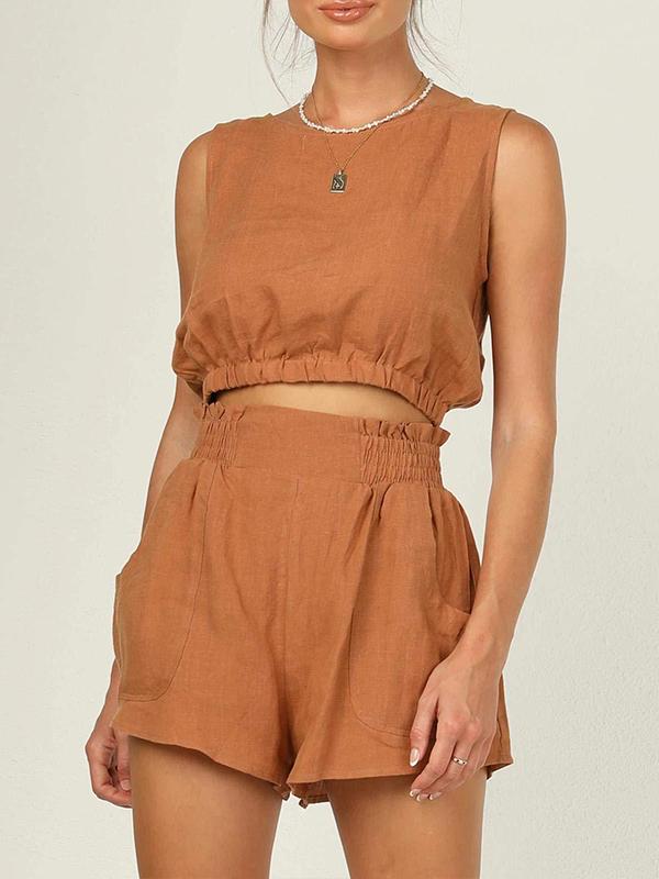 Conjunto Feminino de Jaqueta Curta Sem Mangas de Cor Sólida com Cintura Alta e Calças Retas