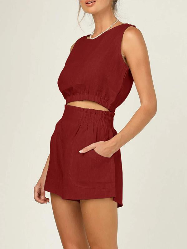 Conjunto Feminino de Jaqueta Curta Sem Mangas de Cor Sólida com Cintura Alta e Calças Retas