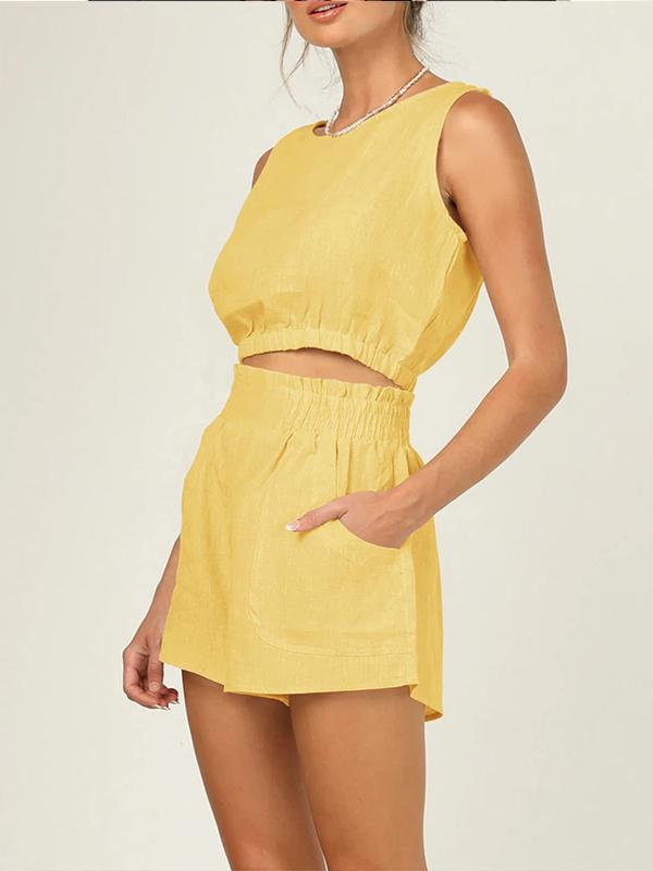 Conjunto Feminino de Jaqueta Curta Sem Mangas de Cor Sólida com Cintura Alta e Calças Retas