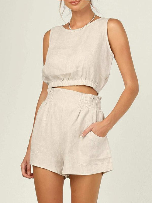 Conjunto Feminino de Jaqueta Curta Sem Mangas de Cor Sólida com Cintura Alta e Calças Retas