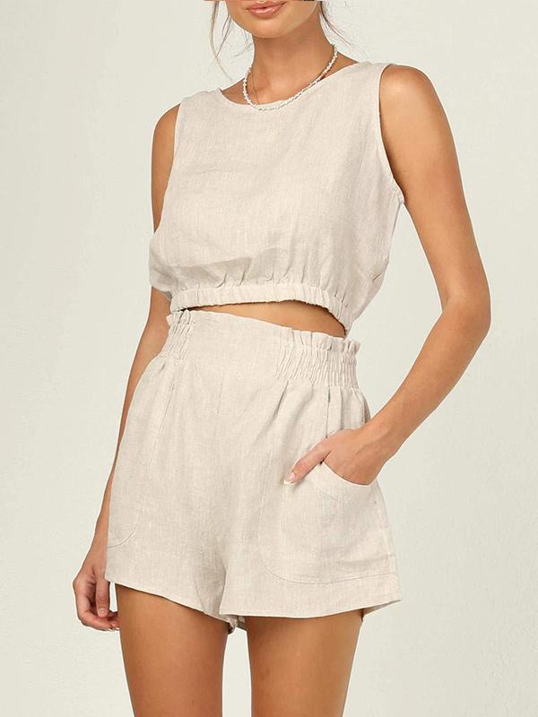 Conjunto Feminino de Jaqueta Curta Sem Mangas de Cor Sólida com Cintura Alta e Calças Retas