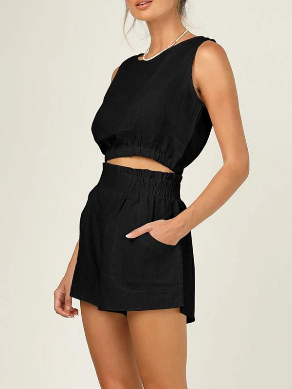 Conjunto Feminino de Jaqueta Curta Sem Mangas de Cor Sólida com Cintura Alta e Calças Retas