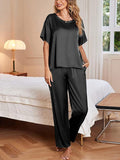 Conjunto Feminino de Pijama de Cetim de Cor Sólida com Calças de Manga Curta para Uso Doméstico