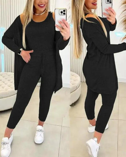 Conjunto Feminino de Regata com Gola Redonda e Calça com Cordão e Casaco - 7