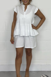 Conjunto Feminino de Shorts e Top de Gaze com Babados