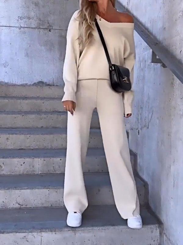 Conjunto Feminino de Top de Cor Sólida com Decote em V e Calças de Duas Peças