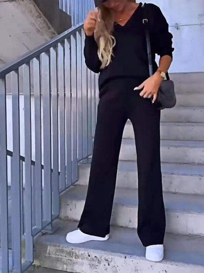 Conjunto Feminino de Top de Cor Sólida com Decote em V e Calças de Duas Peças - 6