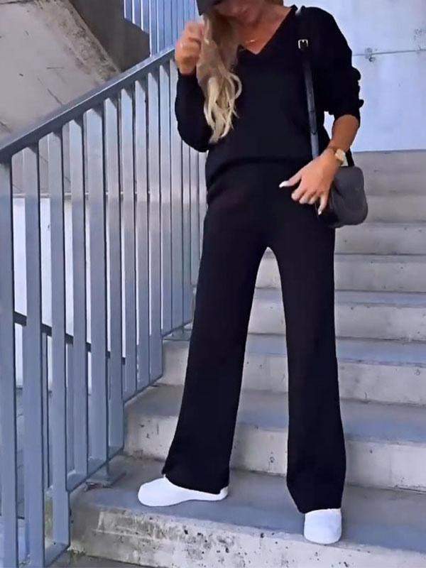 Conjunto Feminino de Top de Cor Sólida com Decote em V e Calças de Duas Peças