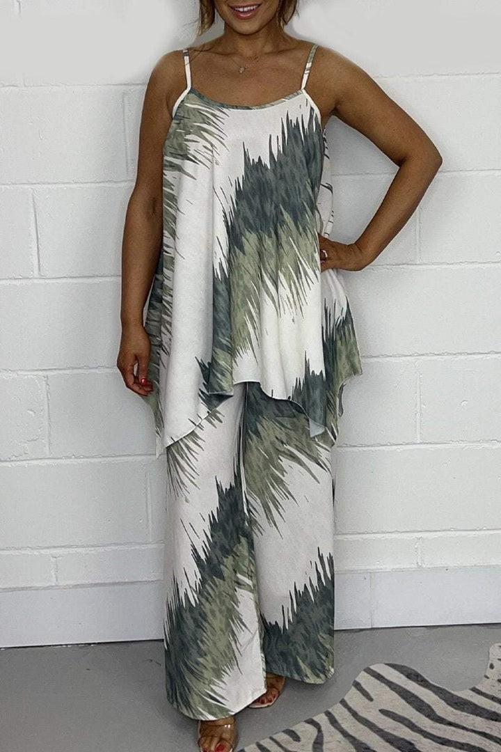 Conjunto Feminino de Top Estampado e Calça de Perna Larga