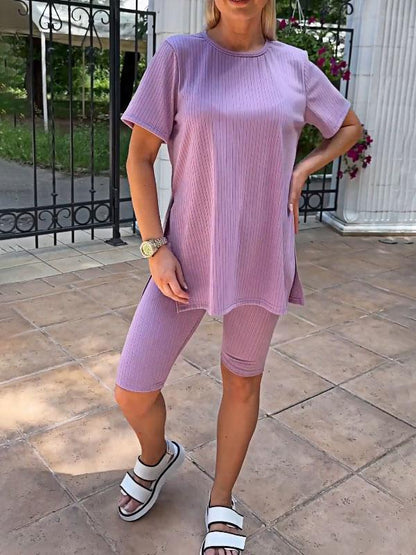 Conjunto Feminino de Top de Malha Elástica de Cor Sólida e Shorts de Duas Peças - 2