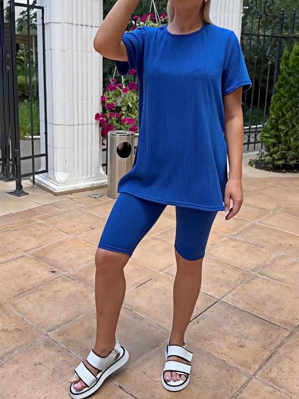 Conjunto Feminino de Top de Malha Elástica de Cor Sólida e Shorts de Duas Peças