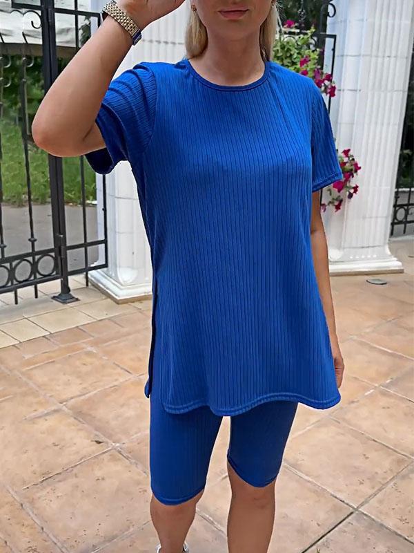 Conjunto Feminino de Top de Malha Elástica de Cor Sólida e Shorts de Duas Peças