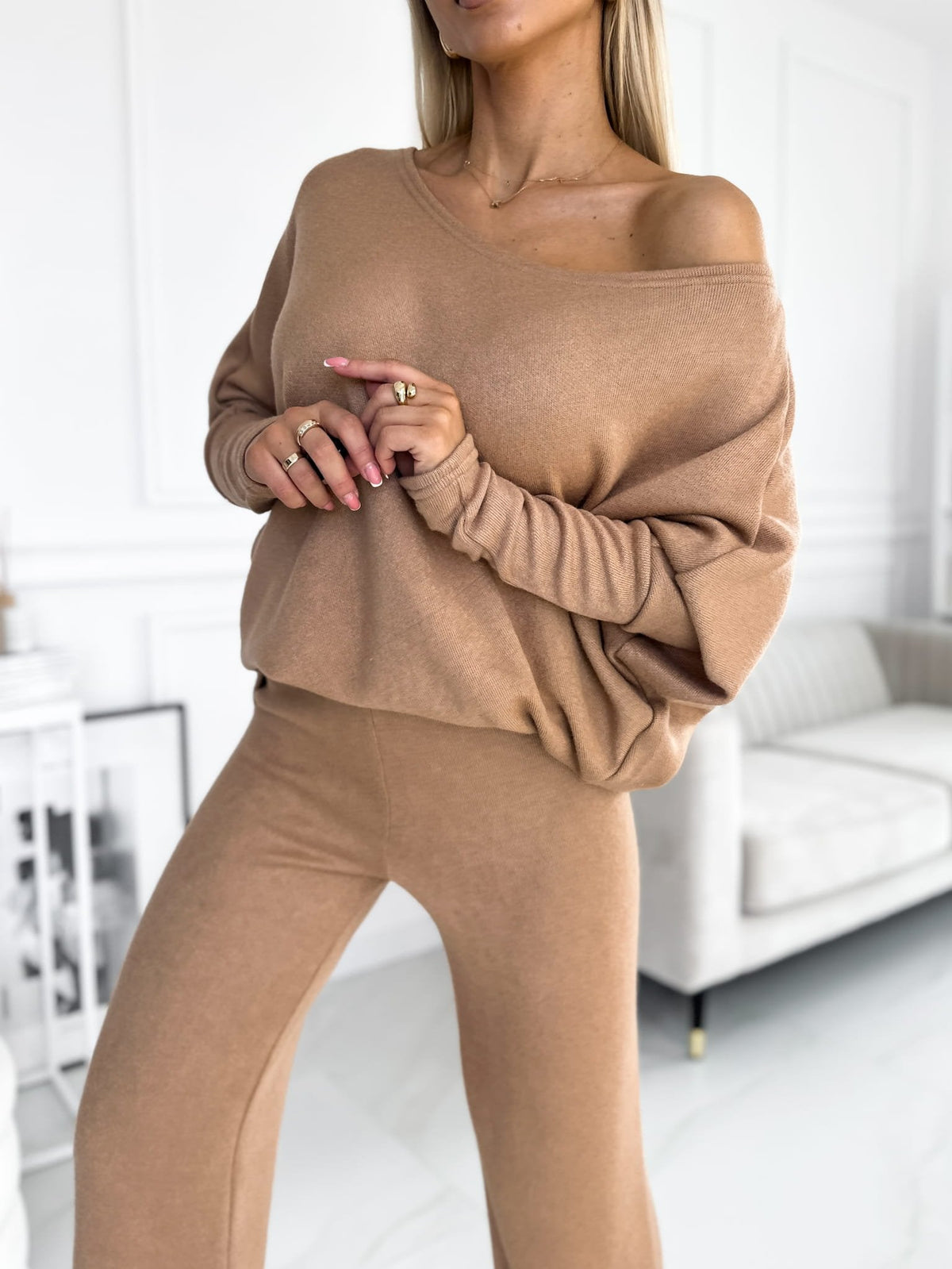 Conjunto Feminino de Tops com Mangas de Morcego e Calça de Perna Larga de Cor Sólida - 5