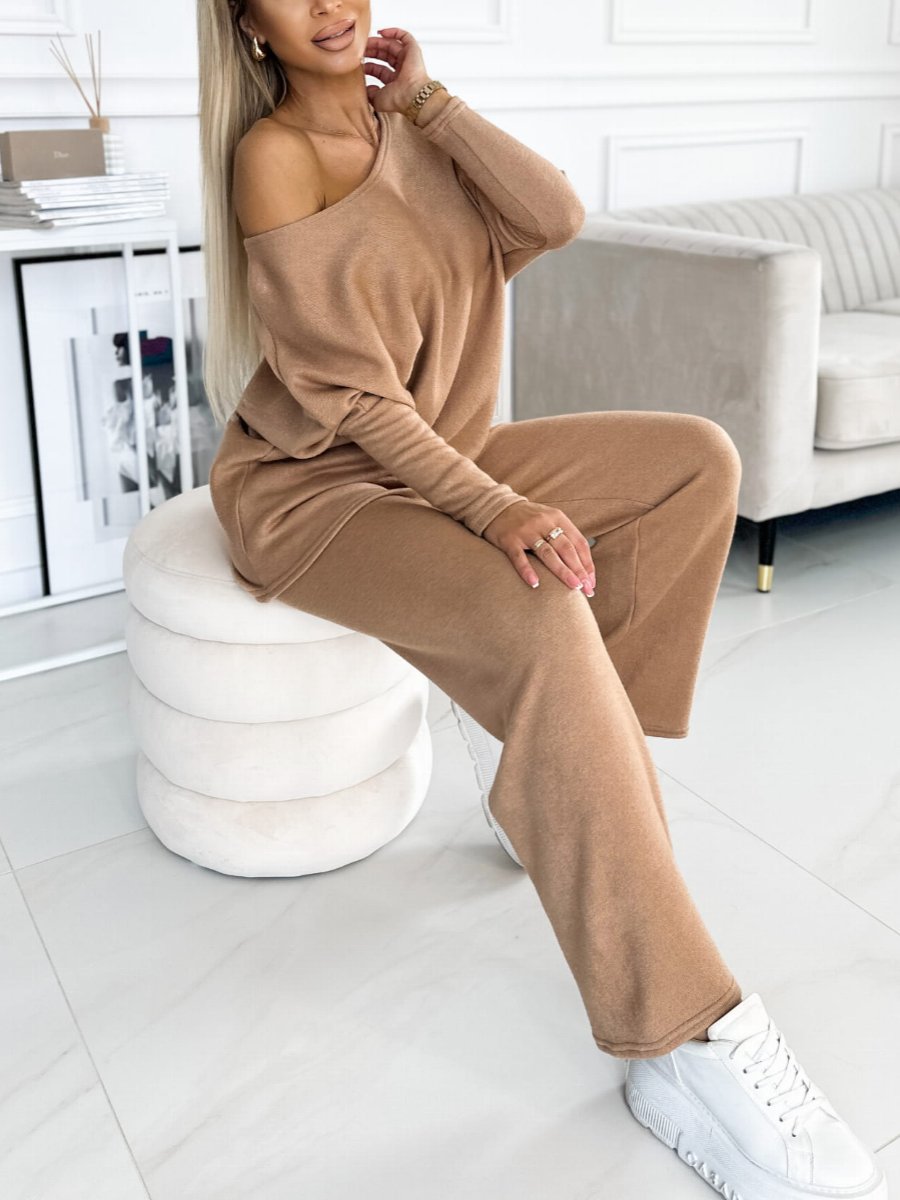 Conjunto Feminino de Tops com Mangas de Morcego e Calça de Perna Larga de Cor Sólida - 3