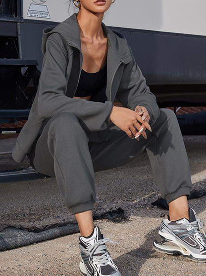 Conjunto Feminino Esportivo de Duas Peças com Capuz e Manga Longa e Calça até o Tornozelo de Cor Sólida - 2