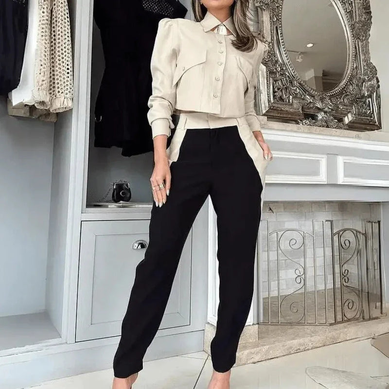 Conjunto Feminino Social Camisa Cropped Calça Sarja