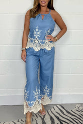 Conjunto Longo de Top de Renda com Decote Halter