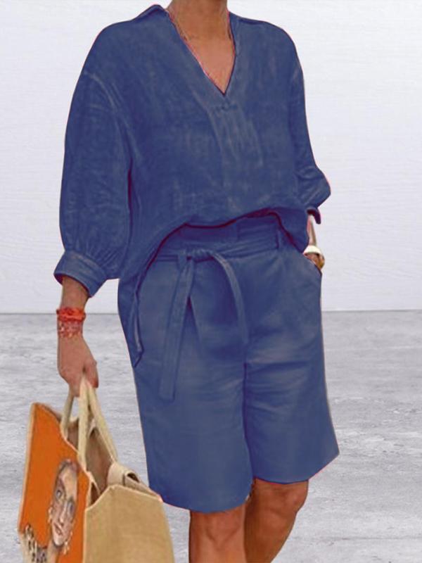 Conjunto Solto de Duas Peças de Algodão e Linho de Moda Feminina