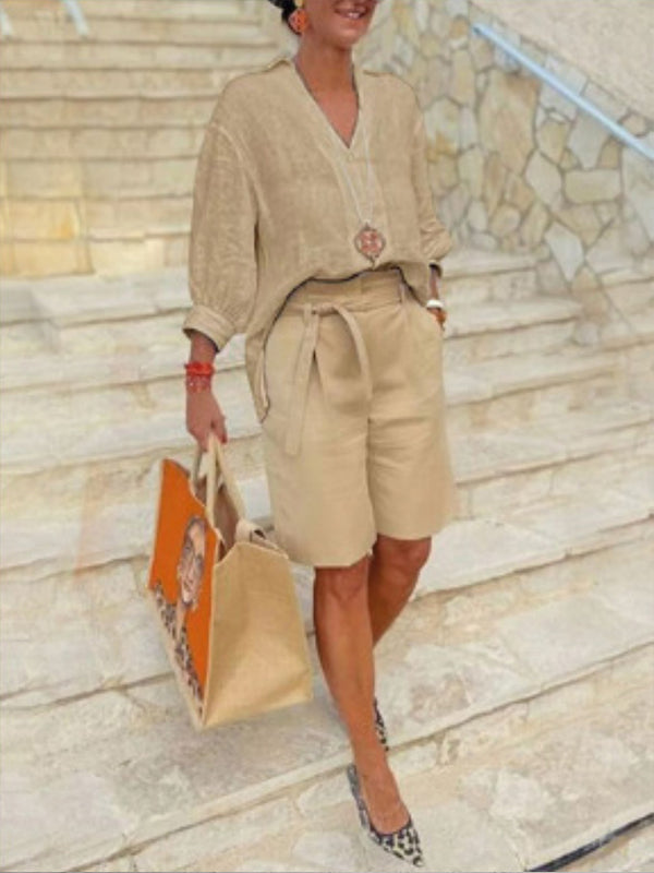 Conjunto Solto de Duas Peças de Algodão e Linho de Moda Feminina