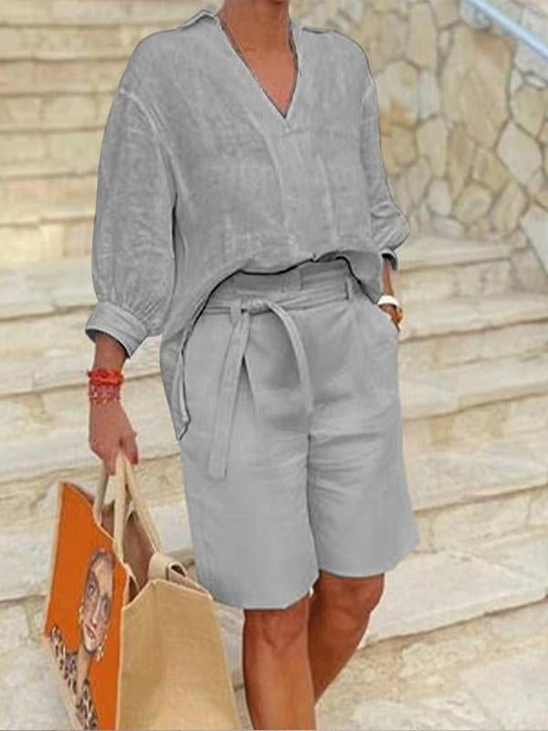 Conjunto Solto de Duas Peças de Algodão e Linho de Moda Feminina