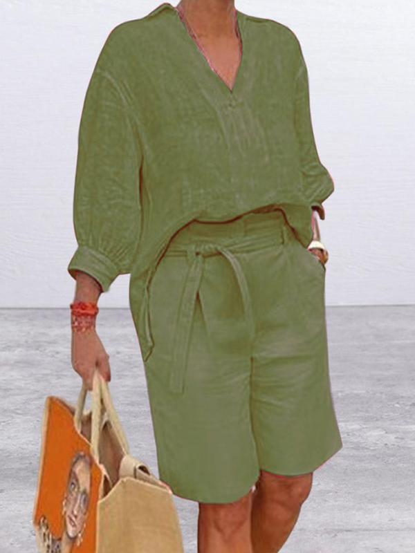 Conjunto Solto de Duas Peças de Algodão e Linho de Moda Feminina