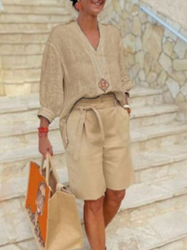 Conjunto Solto de Duas Peças de Algodão e Linho de Moda Feminina